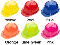 Yellow, Red, Blue, Orange, Lime Green, and Pink Hard Hats