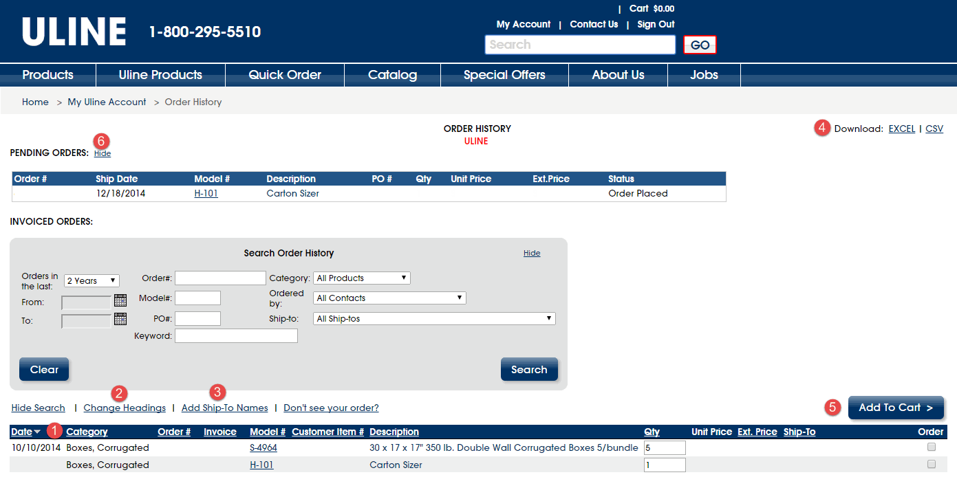 ULINE FAQ What can I do in the Order History screen?